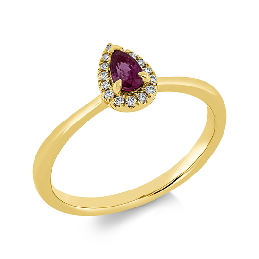 Ring 18 kt GG, 15 Brill. 0,06 ct, TW-si, 1 Rubin 0,30 ct rot