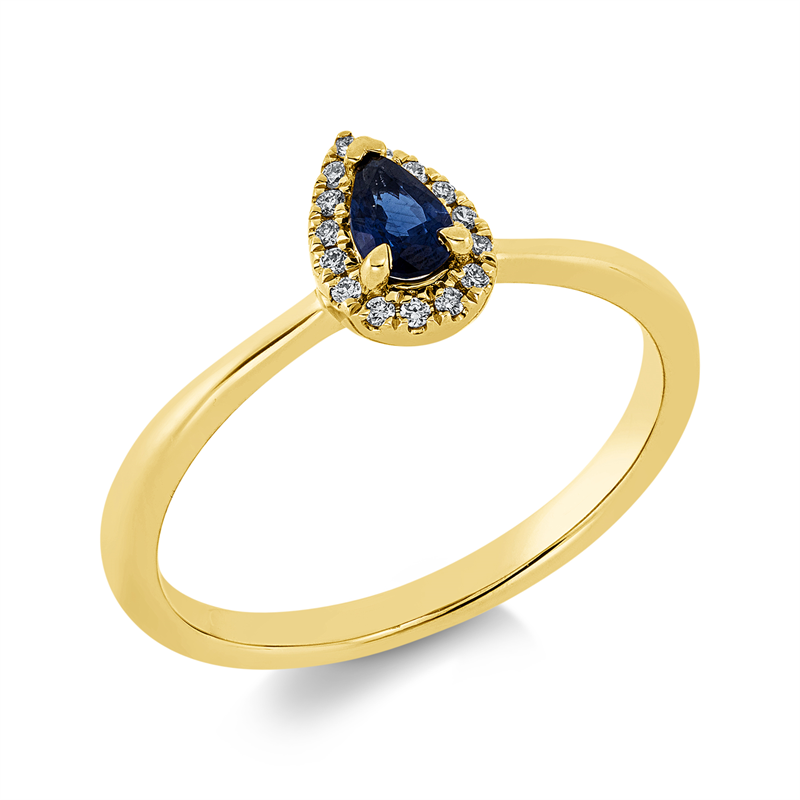Ring 18 kt GG, 15 Brill. 0,06 ct, TW-si, 1 Saphir 0,24 ct blau