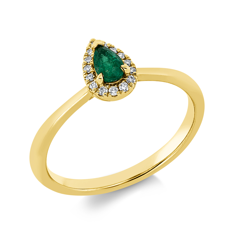 Ring 18 kt GG, 15 Brill. 0,07 ct, TW-si, 1 Smaragd 0,22 ct grün