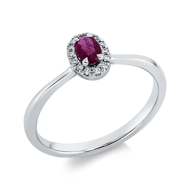 Ring 18 kt WG, 14 Brill. 0,06 ct, TW-si, 1 Rubin 0,25 ct rot