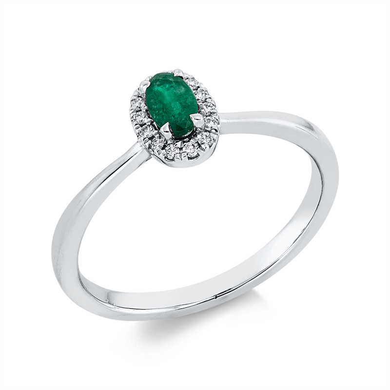 Ring 18 kt WG, 14 Brill. 0,06 ct, TW-si, 1 Smaragd 0,24 ct grün