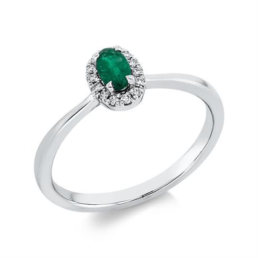 Ring 18 kt WG, 14 Brill. 0,06 ct, TW-si, 1 Smaragd 0,24 ct grün
