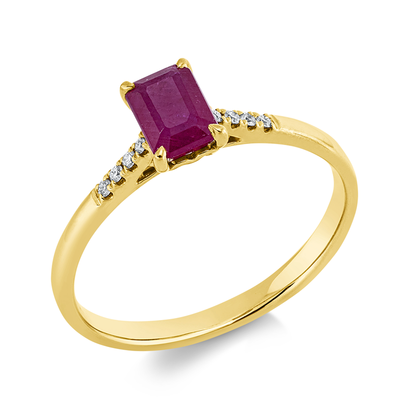 Ring 18 kt GG, 8 Brill. 0,04 ct, TW-si, 1 Rubin 0,82 ct rot