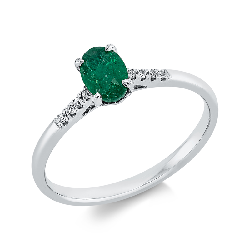 Ring 18 kt WG, 8 Brill. 0,04 ct, TW-si, 1 Smaragd 0,43 ct grün