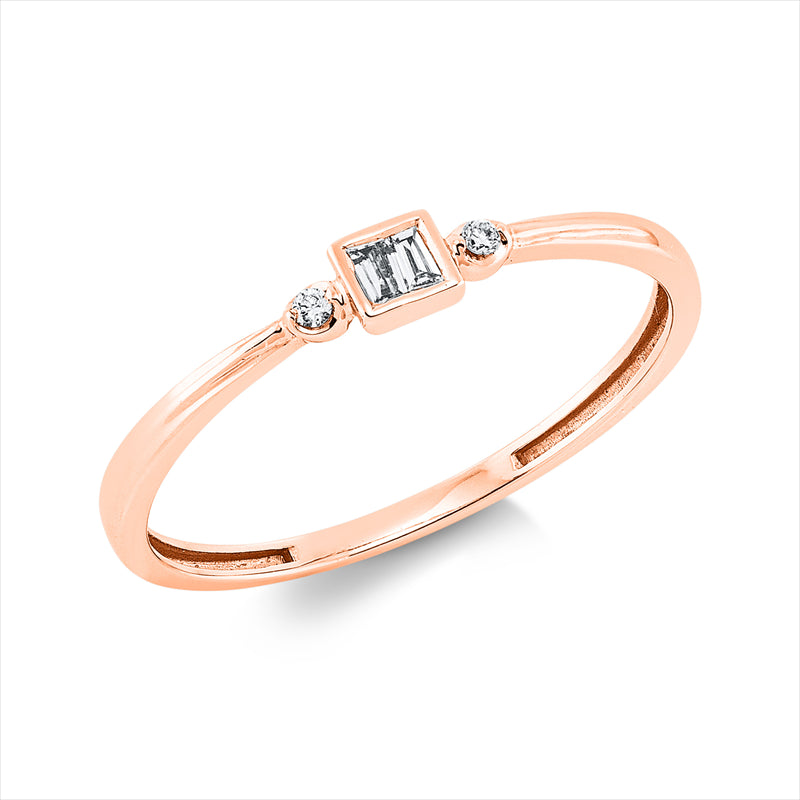 Ring 18 kt RG, Fassung rhodiniert, 2 Trap. 0,06 ct, TW-si, 2 Brill. 0,02 ct, TW-si