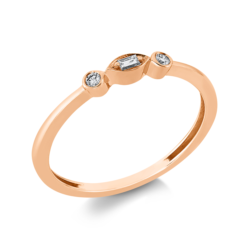 Ring 18 kt RG, Fassung rhodiniert, 1 Bag. 0,03 ct, TW-si, 2 Brill. 0,04 ct, TW-si