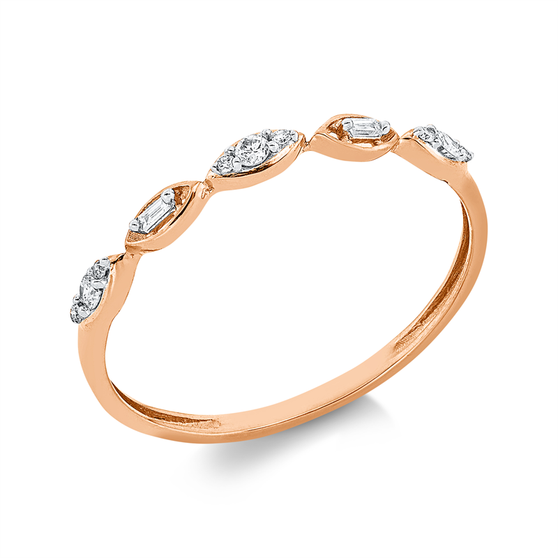 Ring 18 kt RG, Fassung rhodiniert, 2 Bag. 0,02 ct, TW-si, 9 Brill. 0,07 ct, TW-si