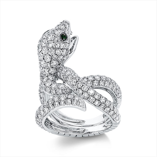 Ring 18 kt WG, Fassung schwarz rhodiniert, 197 Brill. 3,40 ct, TW-vsi, 2 Tsavorith 0,03 ct grün