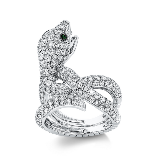 Ring 18 kt WG, Fassung schwarz rhodiniert, 197 Brill. 3,40 ct, TW-vsi, 2 Tsavorith 0,03 ct grün