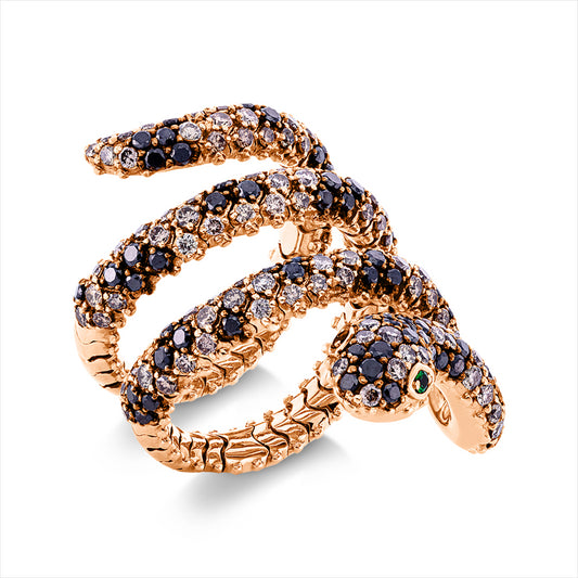 Ring 18 kt RG, 76 Brill. 1,47 ct, schwarz, 138 Brill. 2,51 ct, braun, 2 Tsavorith 0,04 ct grün