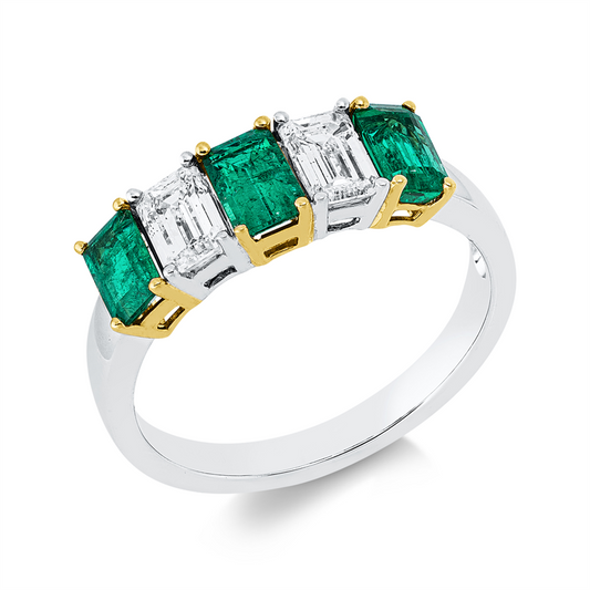 Ring 18 kt WG+GG, 2 Sm.schliff 0,77 ct, TW-si, 3 Smaragde 1,08 ct grün