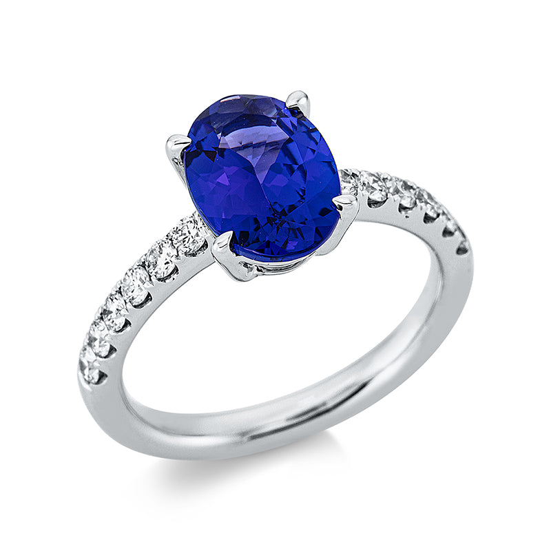 Ring 18 kt WG, 12 Brill. 0,41 ct, TW-si, 1 Tansanit 3,40 ct blau