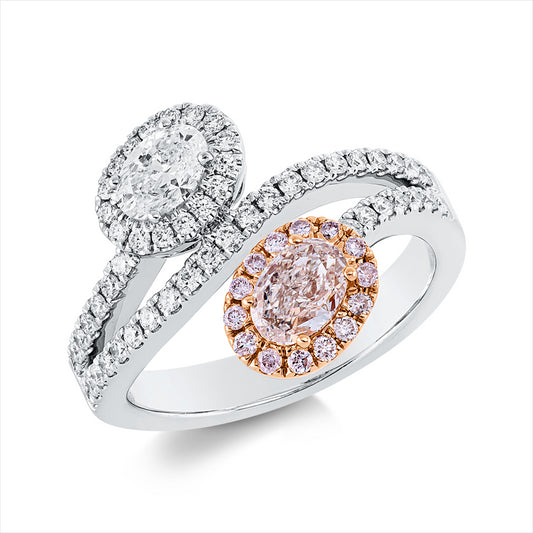 Ring 18 kt WG+RG, 1 Oval 0,39 ct, TW-si, 51 Brill. 0,40 ct, 1 Oval 0,51 ct, pink, 14 Brill. 0,12 ct, pink