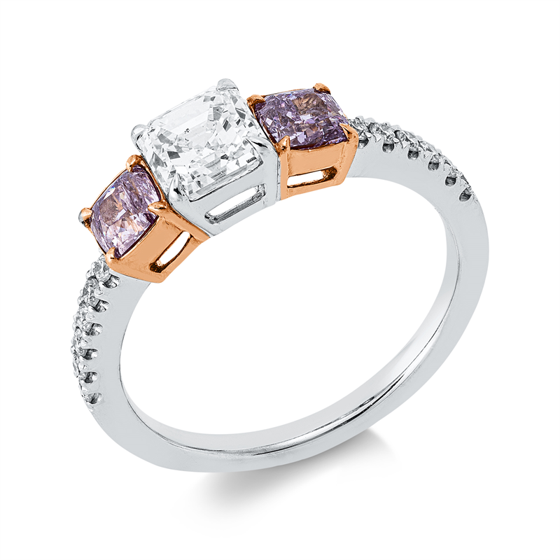 Ring 18 kt WG+RG, GIA 3pcs, 1 Assher 0,90 ct, D-si, 12 Brill. 0,12 ct, TW-si, 2 Cushion 0,65 ct, pink