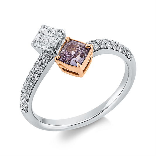 Ring 18 kt WG+RG, 1 Cu 0,45ct, pink-i1, 1 Ass 0,41ct, I-vsi/si, 32 Br.0,25ct, TW-si
