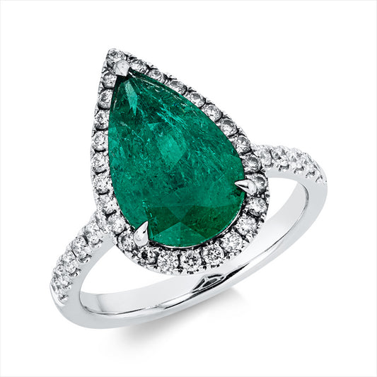 Ring 18 kt WG, 38 Brill. 0,41 ct, F-vsi/si, 1 Smaragd 3,09 ct grün