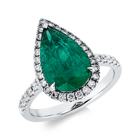 Ring 18 kt WG, 38 Brill. 0,41 ct, F-vvs/vs, 1 Smaragd 3,09 ct grün