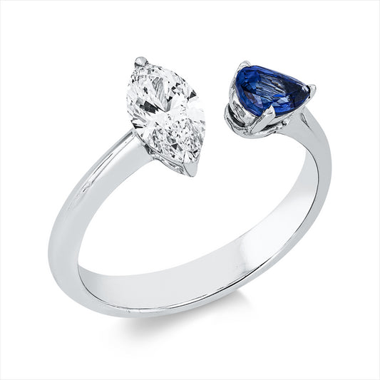 Ring 18 kt WG, GIA7473673801, 1 Nav. 0,58 ct, F-vs2, 1 Saphir 0,45 ct blau