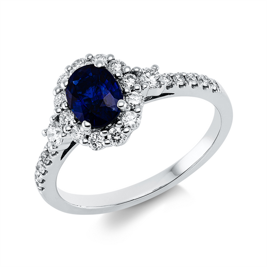 Ring 18 kt WG, 2 Brill. 0,11 ct, TW-si, 22 Brill. 0,35 ct, TW-si, 1 Saphir 0,99 ct blau