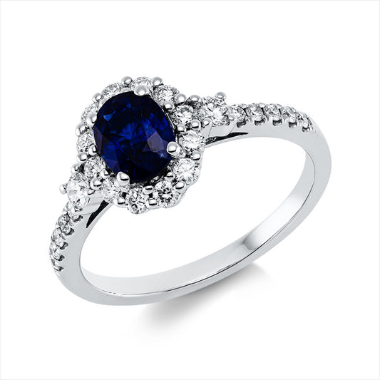 Ring 18 kt WG, 2 Brill. 0,11 ct, TW-si, 22 Brill. 0,35 ct, TW-si, 1 Saphir 0,99 ct blau