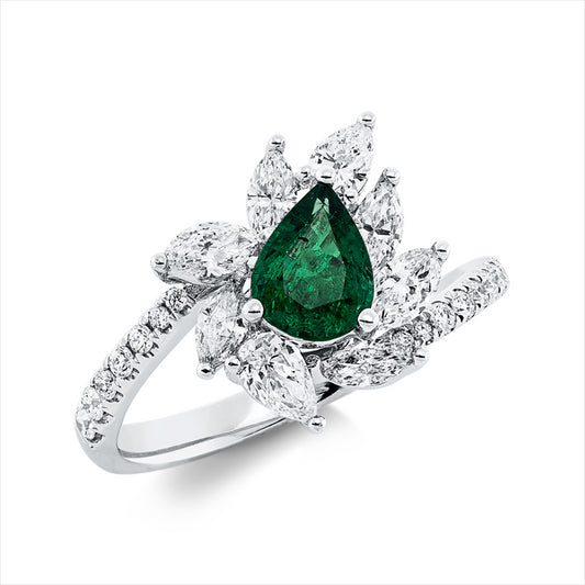 Ring 18 kt WG, 6 Nav. 0,49 ct, F-vsi, 2 Tropfen 0,23 ct, F-vsi, 16 Brill. 0,16 ct, 1 Smaragd 0,56 ct grün