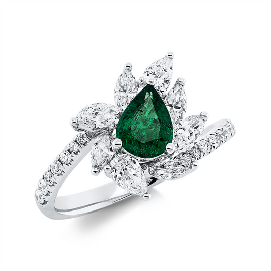 Ring 18 kt WG, 6 Nav. 0,49 ct, 2 Tropfen 0,23 ct, 16 Brill. 0,16 ct, F-vsi,  1 Smaragd 0,56 ct grün