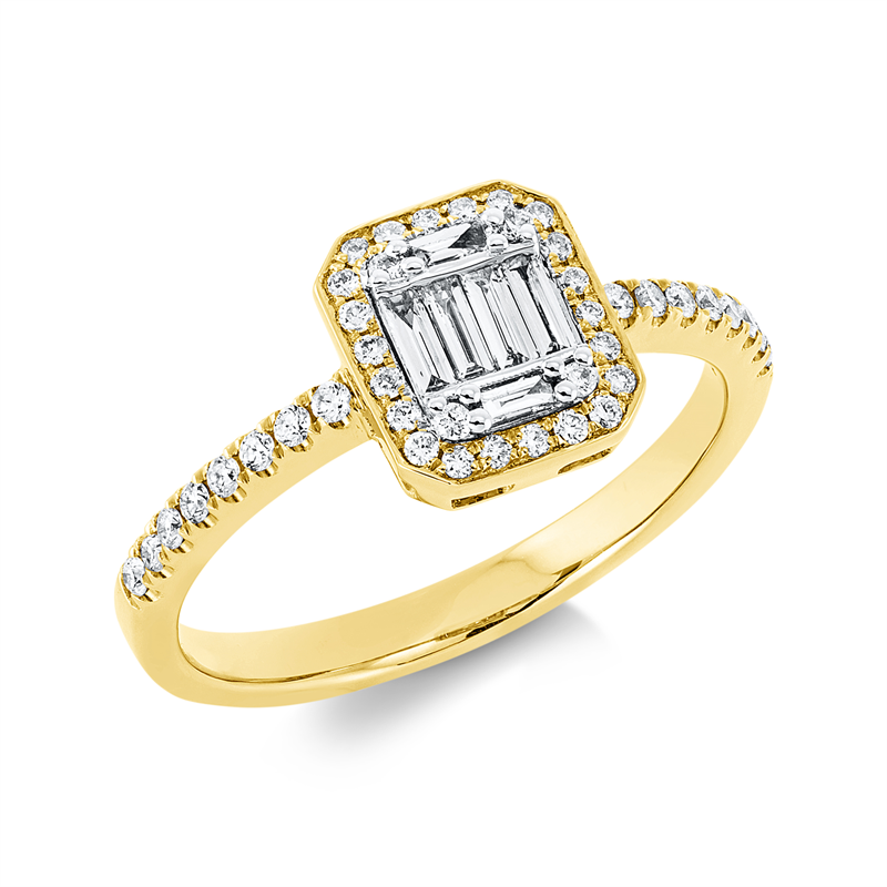Ring 18 kt GG, Fassung rhodiniert, 6 Bag. 0,13 ct, TW-vsi, 42 Brill. 0,21 ct, TW-si