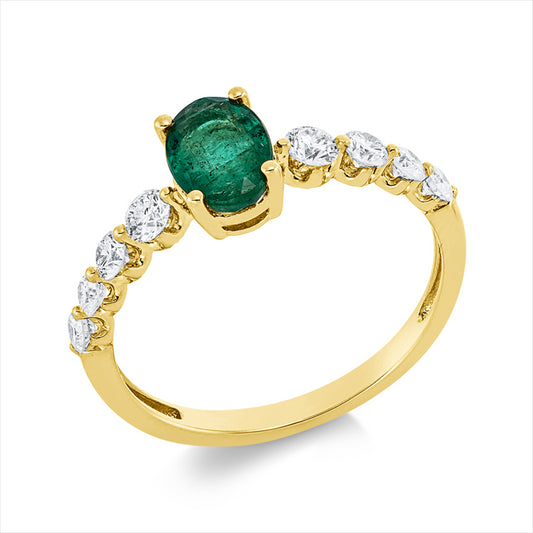 Ring 18 kt GG, 8 Brill. 0,43 ct, TW-si, 1 Smaragd 0,69 ct grün
