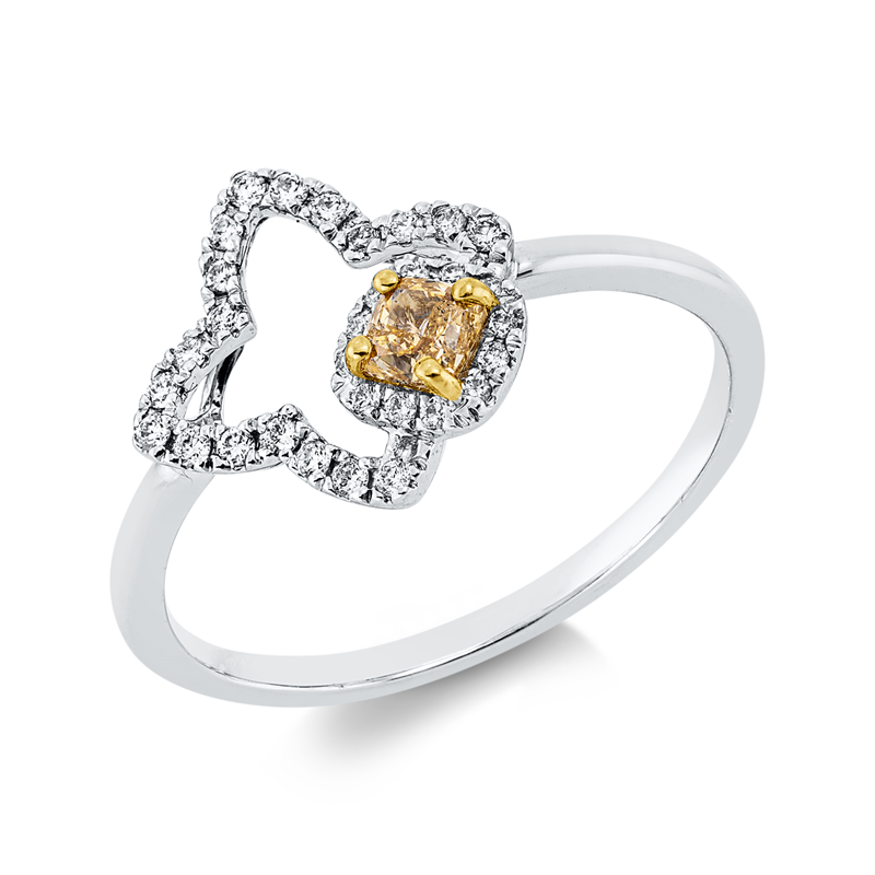 Ring 18 kt WG+GG, 33 Brill. 0,14 ct, TW-si, 1 Cushion 0,19 ct, gelb
