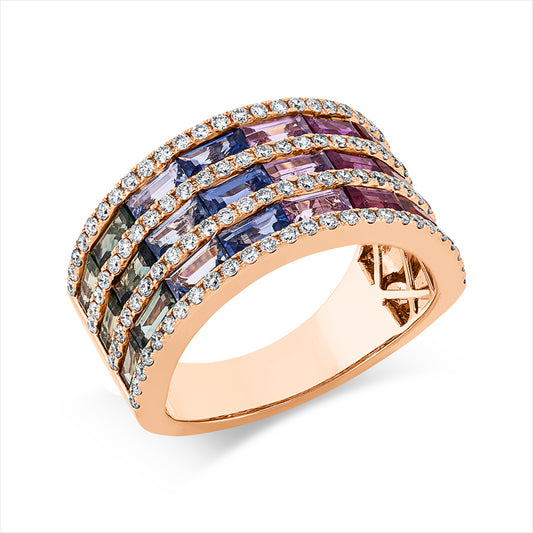 Ring 18 kt RG, 104 Brill. 0,61 ct, TW-si, 24 Saphire 3,40 ct fancy