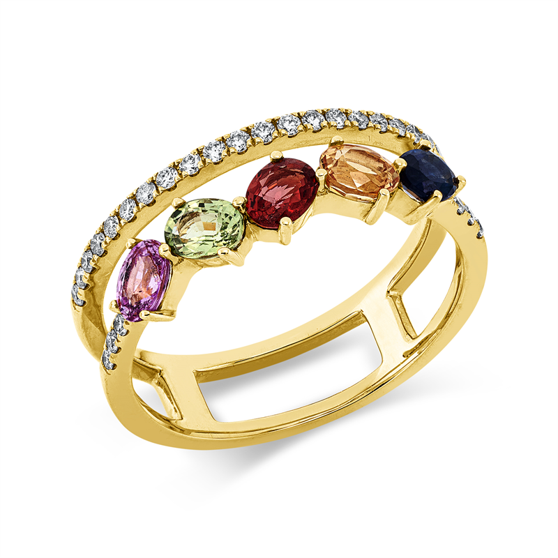 Ring 18 kt GG, 28 Brill. 0,20 ct, TW-si, 5 Saphire 1,24 ct multicolor
