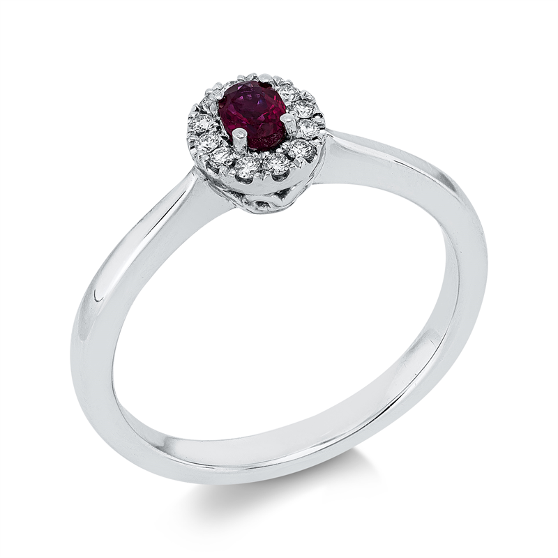 Ring 18 kt WG, 12 Brill. 0,08 ct, TW-vsi, 1 Rubin 0,23 ct rot