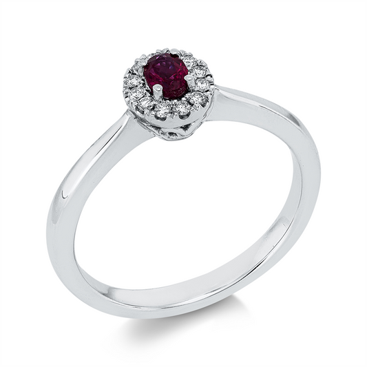 Ring 18 kt WG, 12 Brill. 0,08 ct, TW-vsi, 1 Rubin 0,23 ct rot
