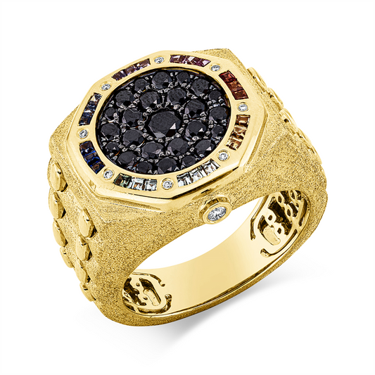 Ring 18 kt GG, matt, Fass schw.rhod. 9 Br. 0,05 ct, TW-si, 25 Br. 0,88 ct, schwarz, 24 Sap 0,44 ct fancy