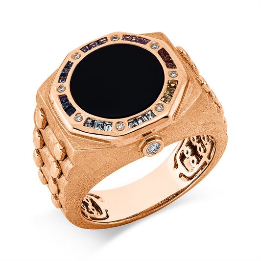 Ring 18 kt RG, mattiert, 9 Brill. 0,05 ct, TW-si, 1 Onyx 1,73 ct schwarz, 24 Saphire 0,44 ct fancy