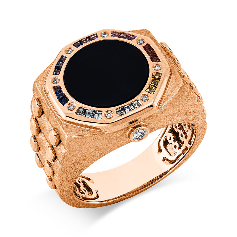 Ring 18 kt RG, Armbanduhr, 9 Brill. 0,03 ct, TW-si, 1 Onyx 1,73 ct schwarz, 24 Saphire 0,44 ct fancy