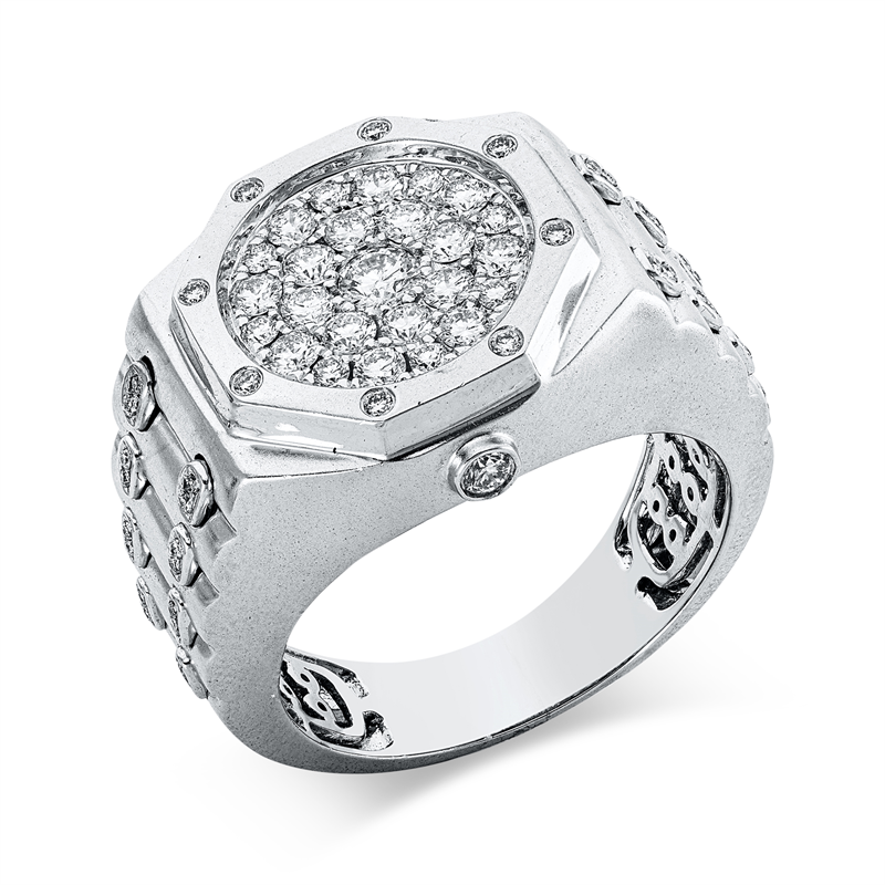 Ring 18 kt WG, mattiert, 25 Brill. 0,66 ct, TW-si, 1 Brill. 0,12 ct, TW-si, 40 Brill. 0,13 ct, TW-si