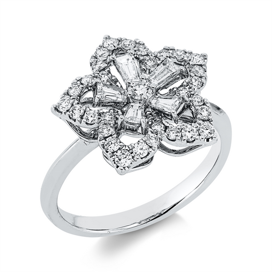 Ring 18 kt WG, 1 Brill. 0,04 ct, TW-si, 5 Trap. 0,38 ct, TW-vsi, 30 Brill. 0,35 ct, TW-si