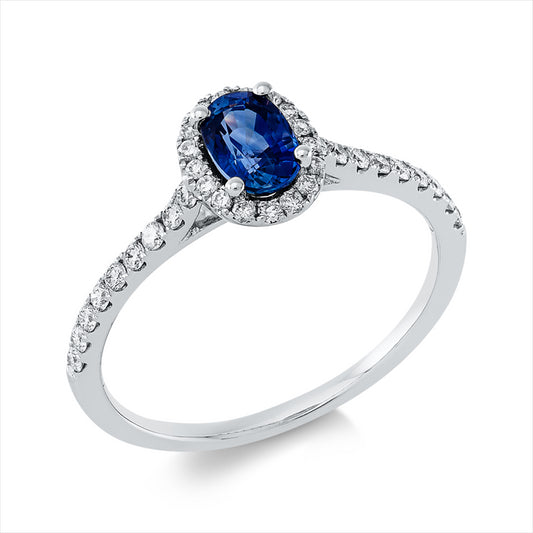 Ring 18 kt WG, 35 Brill. 0,26 ct, TW-si, 1 Saphir 0,62 ct blau