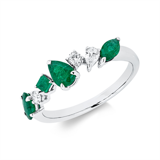 Ring 18 kt WG, 1 Tropfen 0,10 ct, TW-si, 2 Brill. 0,10 ct, TW-si, 4 Smaragde 0,78 ct grün