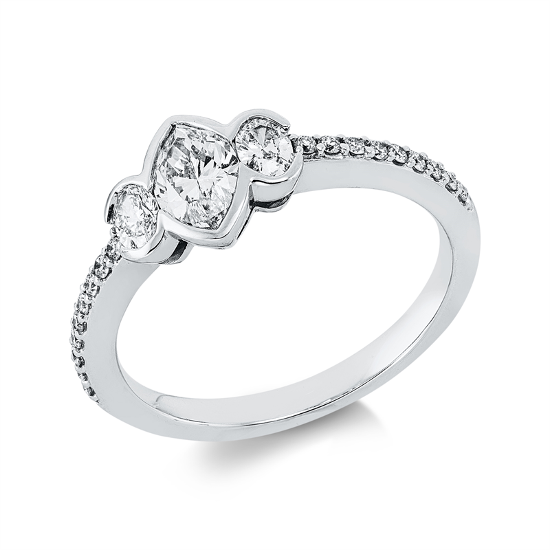 Ring 18 kt WG, 2 Oval 0,21 ct, TW-vsi, 1 Nav. 0,52 ct, W-vsi, 18 Brill. 0,12 ct, TW-si