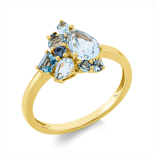 Ring 18 kt GG, 3 Topase 1,30 ct sky blue, 4 Topase 0,40 ct blau, 2 Saphire 0,07 ct blau