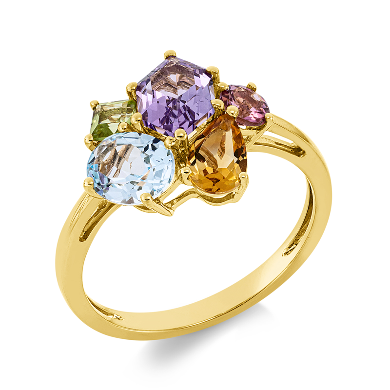 Ring 18 kt GG, 1 Top 0,90 ct s.blue, 1 Turm 0,20 ct pink, 1 Cit 0,40 ct, 1 Pe. 0,20 ct, 1 Ame 0,90 ct pink