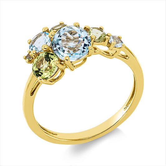 Ring 18 kt GG, 3 Topase 1,60 ct sky blue, 3 Peridot 0,90 ct grün, 1 Saphir 0,03 ct grün