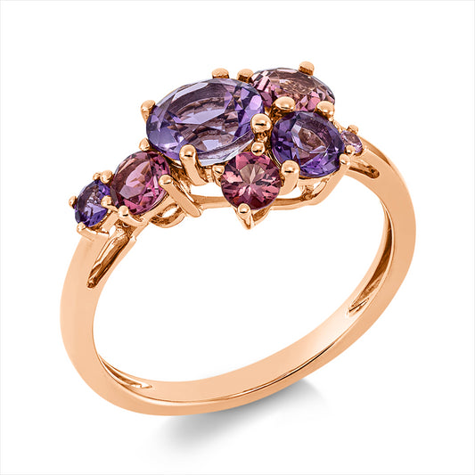 Ring 18 kt RG, 2 Am 1,10 ct pink, 1 Amethyst 1,00 ct lila, 3 Turmalin 0,80 ct pink, 1 Saphir 0,03 ct pink