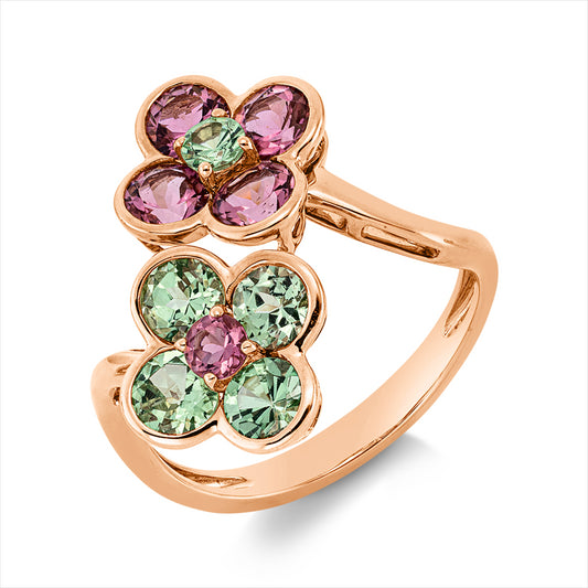 Ring 18 kt RG, 5 Turmalin 1,30 ct pink, 5 Tsavorith 1,42 ct grün