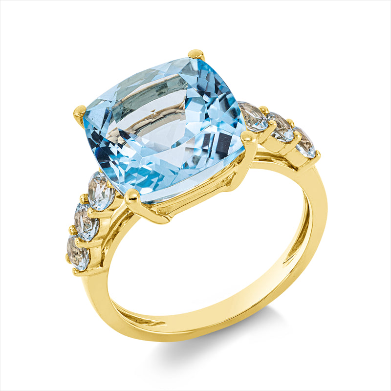 Ring 18 kt GG, 1 Topas 7,60 ct sky blue, 6 Topase 0,80 ct sky blue