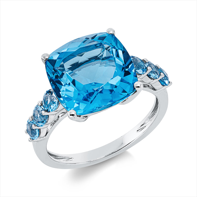 Ring 18 kt WG, 1 Topas 7,60 ct blau, 6 Topase 0,80 ct blau