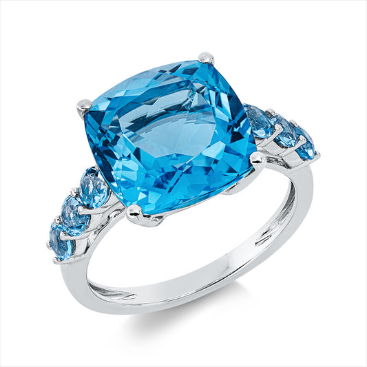 Ring 18 kt WG, 1 Topas 7,60 ct blau, 6 Topase 0,80 ct blau