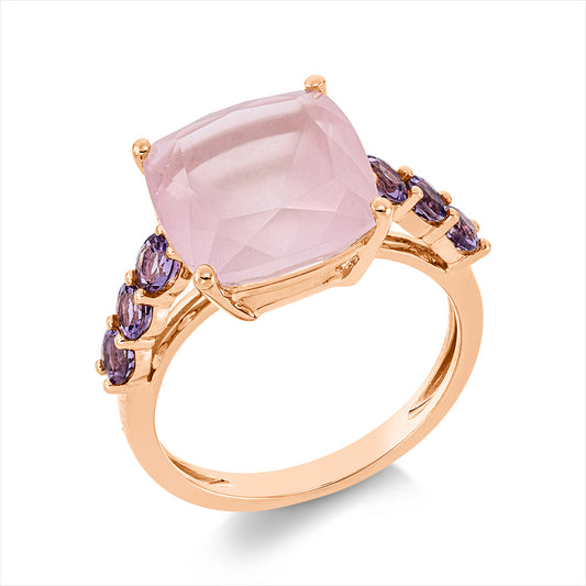 Ring 18 kt RG, 1 Rosenquarz 6,20 ct rosa, 6 Amethyste 0,60 ct pink